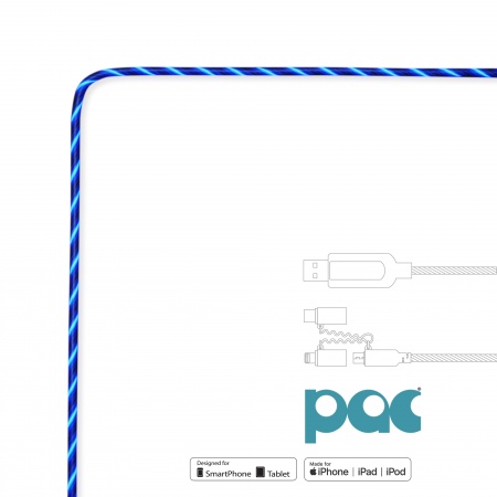 PAC Intelligent Power Flow Charge & Sync Cable 3in1, Lightning/USB-C/Micro USB to USB, 1m - Blue