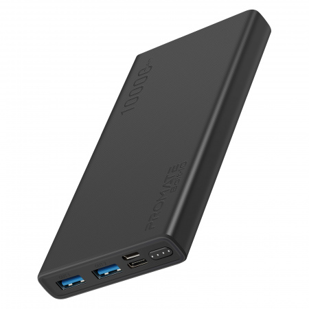 Promate Bolt-10 Power Bank Slim 10000mAh Fast Charging Output 2xUSB-A(2.0A) / Input 1xUSB-C(2.0A) Fast Charge-In & 1xMicro(2.0A) - Black