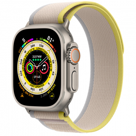 Apple Watch Ultra Cellular, 49mm Titanium Case with Yellow/Beige Trail Loop - S/M