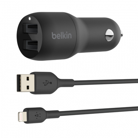 Belkin Car Charger BOOST_CHARGE Dual USB-A 24W + USB-A to Lightning Cable - Black