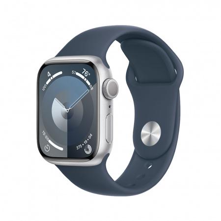 Apple Watch S9 GPS 45mm Silver Alu Case w Storm Blue Sport Band - S/M