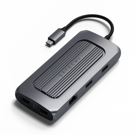 Satechi Aluminium USB-C Multiport MX Adapter (Dual 4K HDMI 60Hz/30Hz,USB-C PD 100W,Ethernet,1xUSB-C 5Gbps,2xUSB-A 3.0,Micro/SD,3.5mm audio) - Space Grey
