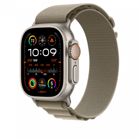 Apple Watch Ultra2 Cellular, 49mm Titanium Case w Olive Alpine Loop - Medium